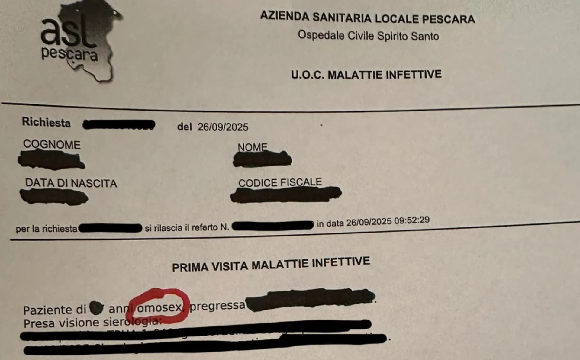 Pescara, sul referto dell'ospedale viene definito "paziente omosex": "Mi sento umiliato"